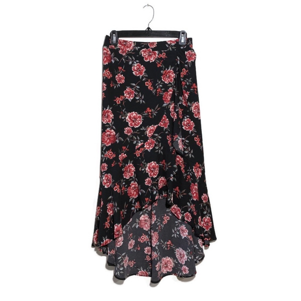 xhilaration black floral maxi skirt with high low ruffle hem / size medium